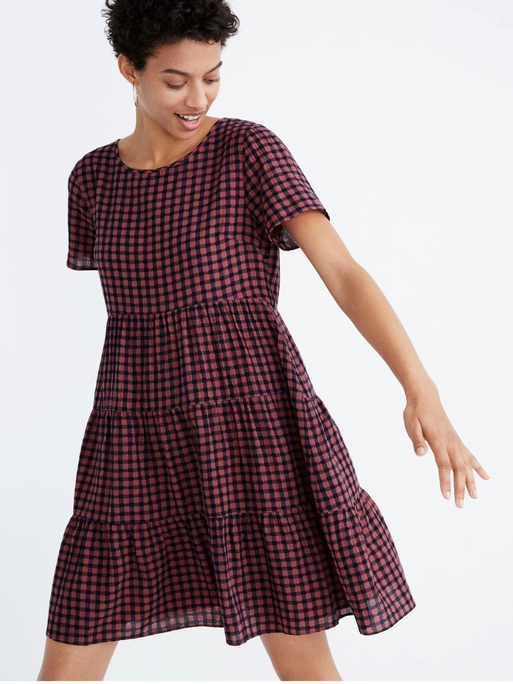 Madewell Tiered Mini Dress Pink & Navy Gingham Check, Like New, 17” P2P
